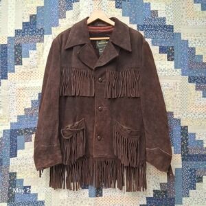 Vintage 70s Sears Western Wear Leather Fringe Jacket Size L Men's Suede Coat